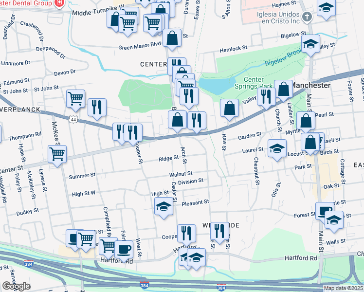 map of restaurants, bars, coffee shops, grocery stores, and more near 20 Arch Street in Manchester