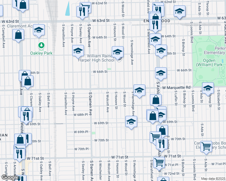 map of restaurants, bars, coffee shops, grocery stores, and more near 1841 West Marquette Road in Chicago