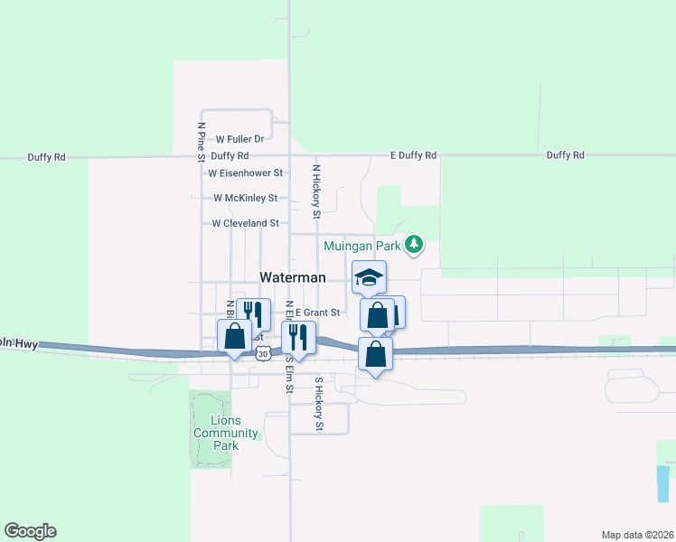 map of restaurants, bars, coffee shops, grocery stores, and more near 315 North Maple Street in Waterman