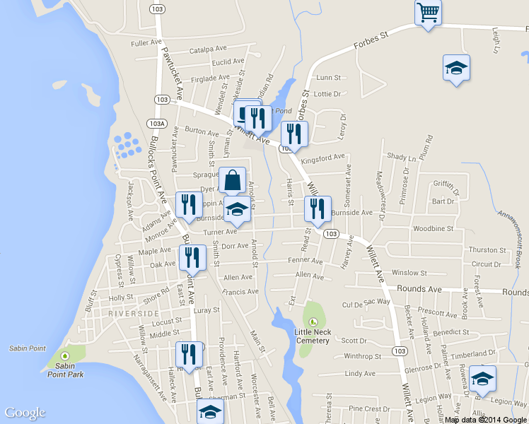 map of restaurants, bars, coffee shops, grocery stores, and more near 100 Burnside Ave in East Providence