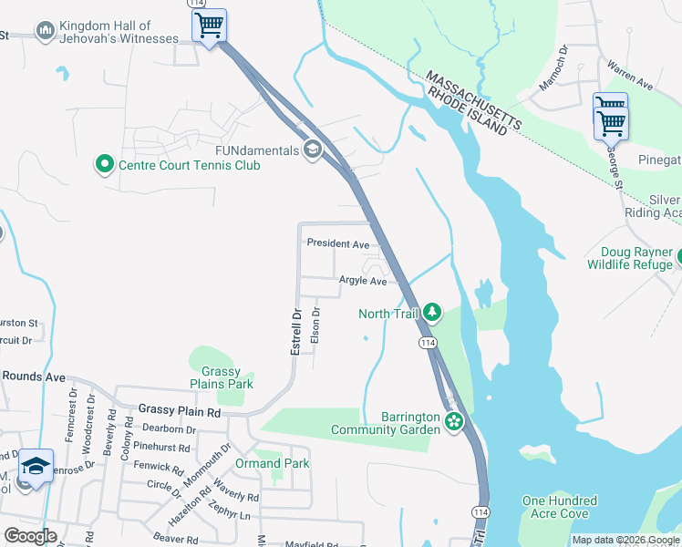 map of restaurants, bars, coffee shops, grocery stores, and more near 31 Argyle Avenue in East Providence