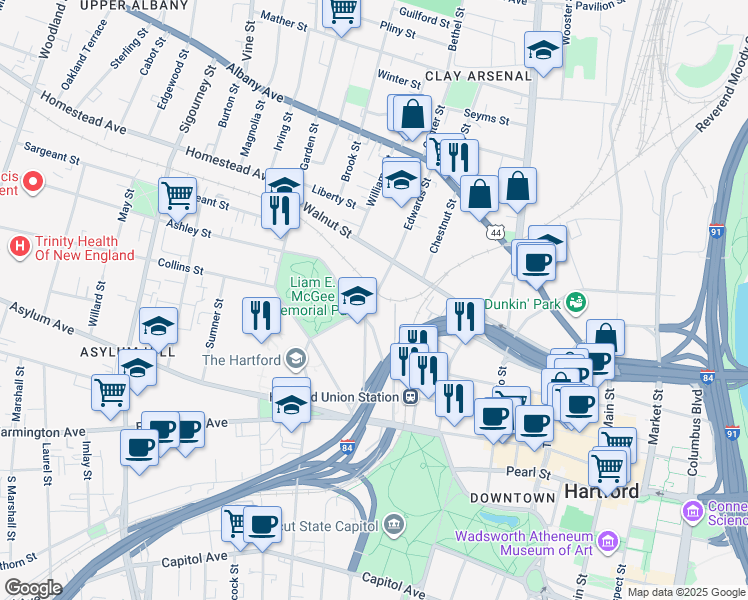 map of restaurants, bars, coffee shops, grocery stores, and more near 20 Edwards Street in Hartford