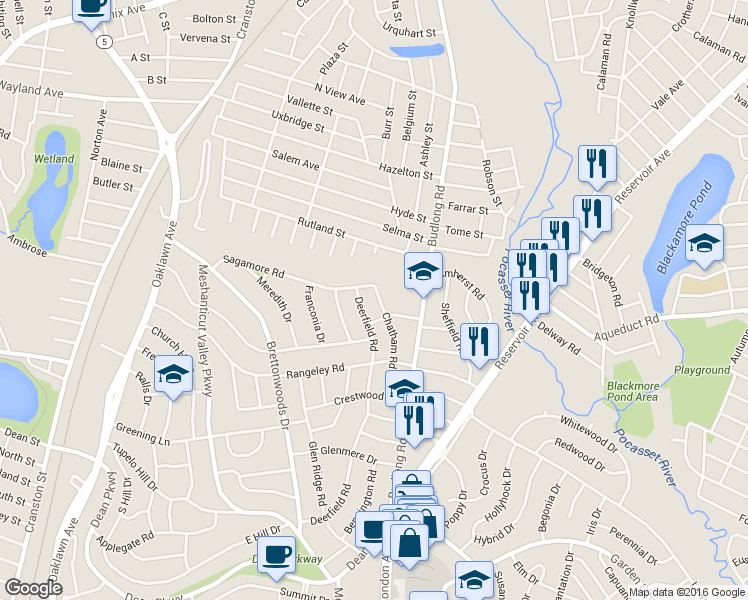 map of restaurants, bars, coffee shops, grocery stores, and more near 96 Chatham Road in Cranston