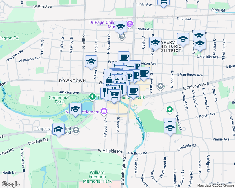 map of restaurants, bars, coffee shops, grocery stores, and more near 106 Jackson Avenue in Naperville