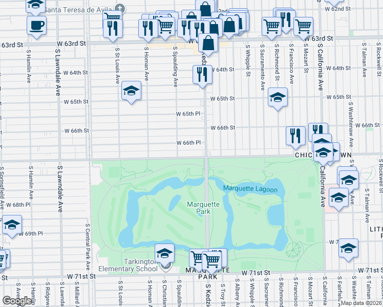 map of restaurants, bars, coffee shops, grocery stores, and more near 3210 West Marquette Road in Chicago