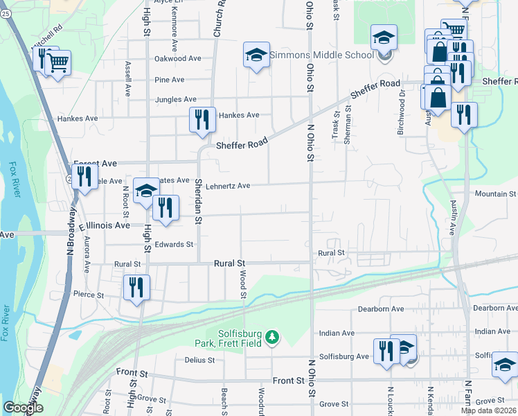 map of restaurants, bars, coffee shops, grocery stores, and more near 922 Mountain Street in Aurora