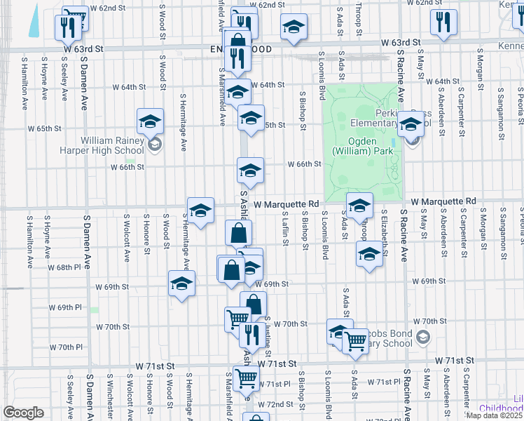 map of restaurants, bars, coffee shops, grocery stores, and more near 1535 West Marquette Road in Chicago