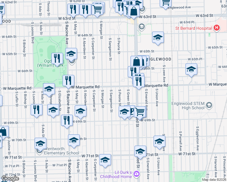map of restaurants, bars, coffee shops, grocery stores, and more near 6713 South Sangamon Street in Chicago