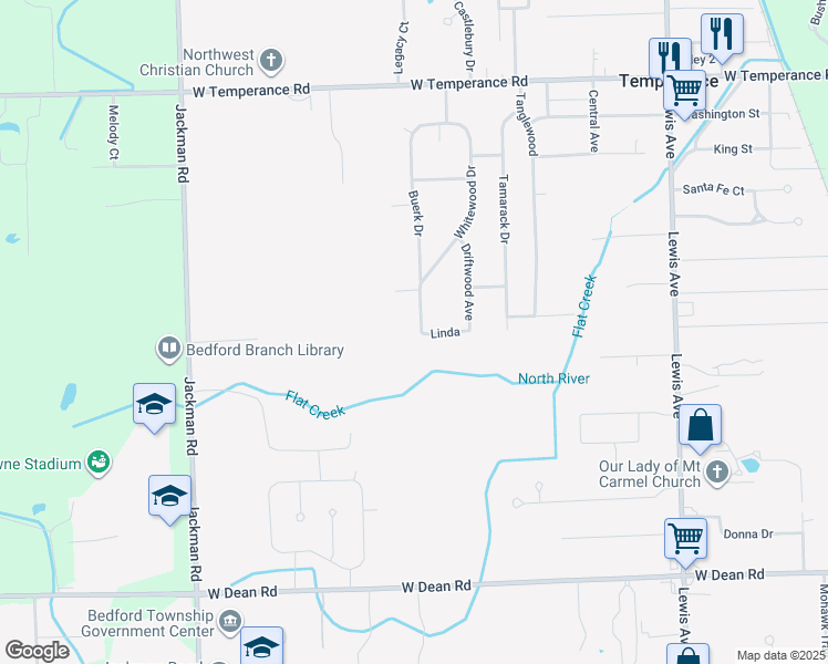 map of restaurants, bars, coffee shops, grocery stores, and more near 8531 Buerk Drive in Temperance