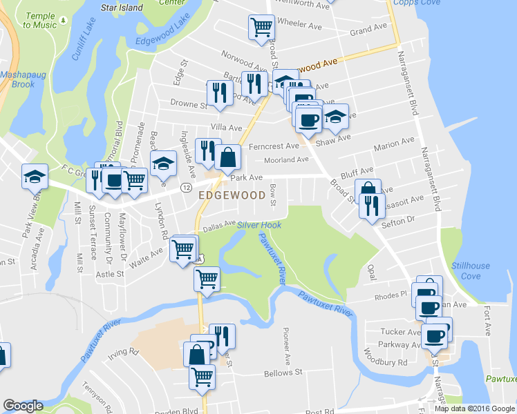 map of restaurants, bars, coffee shops, grocery stores, and more near 40 River Street in Cranston