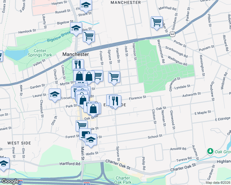 map of restaurants, bars, coffee shops, grocery stores, and more near 105 Birch Street in Manchester