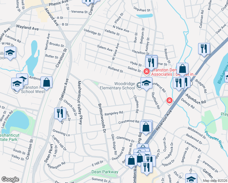 map of restaurants, bars, coffee shops, grocery stores, and more near 11 Franconia Drive in Cranston