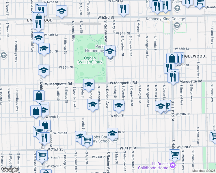 map of restaurants, bars, coffee shops, grocery stores, and more near 6709 South Racine Avenue in Chicago