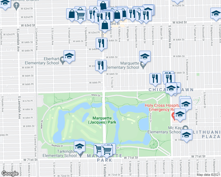 map of restaurants, bars, coffee shops, grocery stores, and more near 3134 West Marquette Road in Chicago