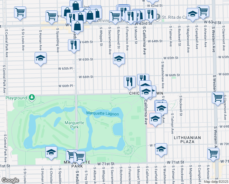 map of restaurants, bars, coffee shops, grocery stores, and more near 2946 West Marquette Road in Chicago