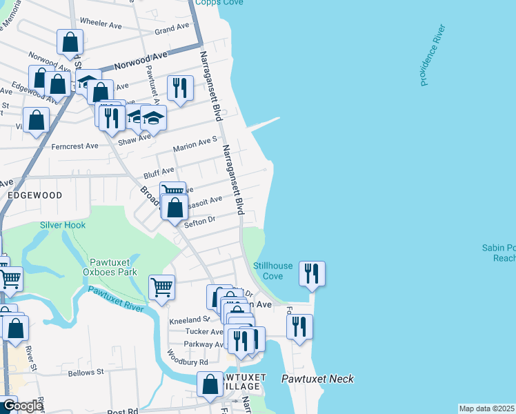 map of restaurants, bars, coffee shops, grocery stores, and more near 11 Sefton Drive in Cranston