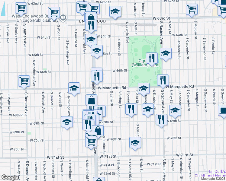 map of restaurants, bars, coffee shops, grocery stores, and more near 1457 West Marquette Road in Chicago
