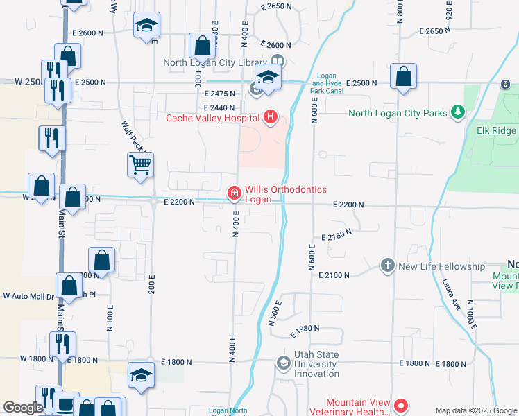 map of restaurants, bars, coffee shops, grocery stores, and more near 457 East 2170 North in North Logan