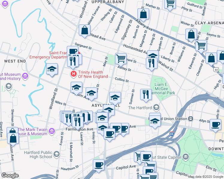 map of restaurants, bars, coffee shops, grocery stores, and more near 188 Sigourney Street in Hartford