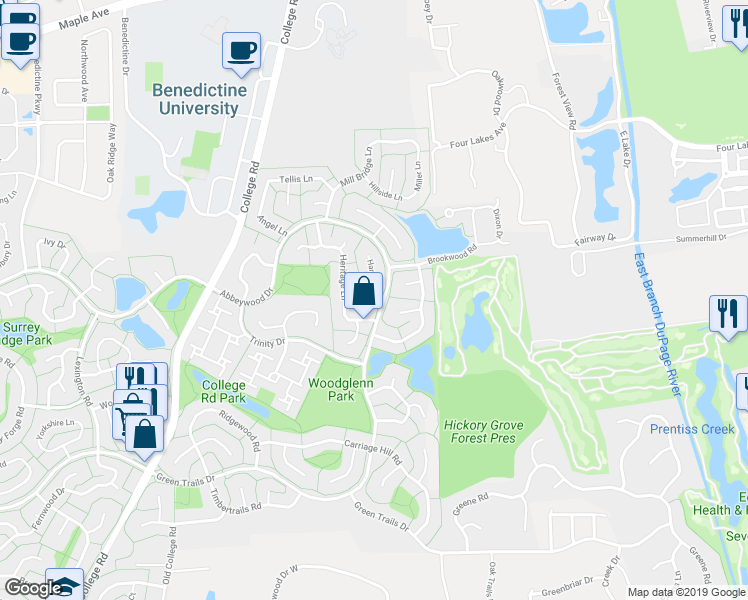map of restaurants, bars, coffee shops, grocery stores, and more near 6167 Harth Court in Lisle