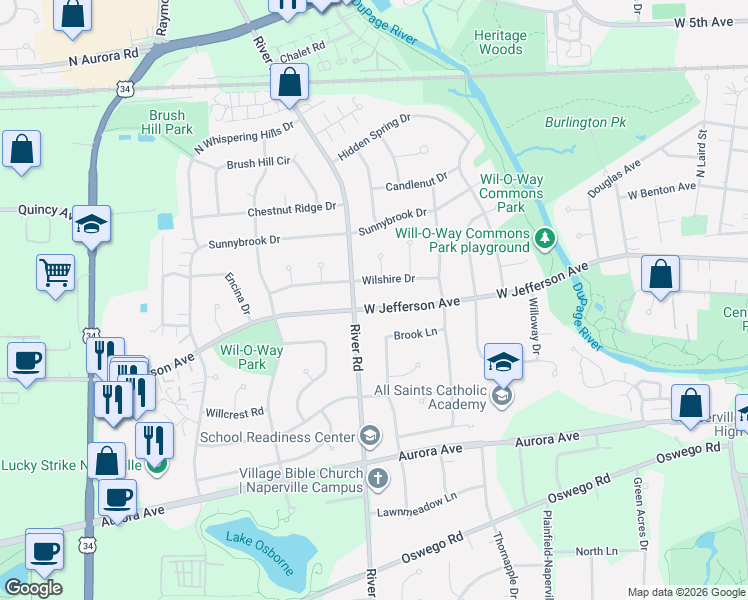 map of restaurants, bars, coffee shops, grocery stores, and more near 1249 West Jefferson Avenue in Naperville