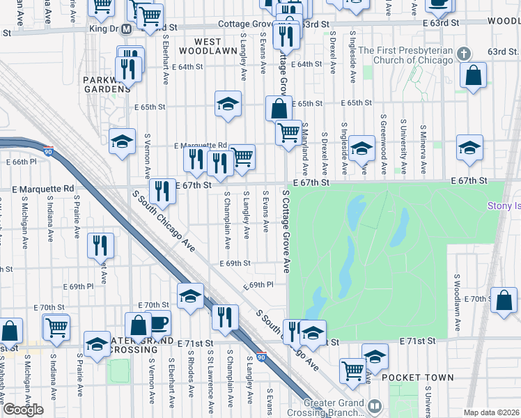 map of restaurants, bars, coffee shops, grocery stores, and more near 6738 South Evans Avenue in Chicago