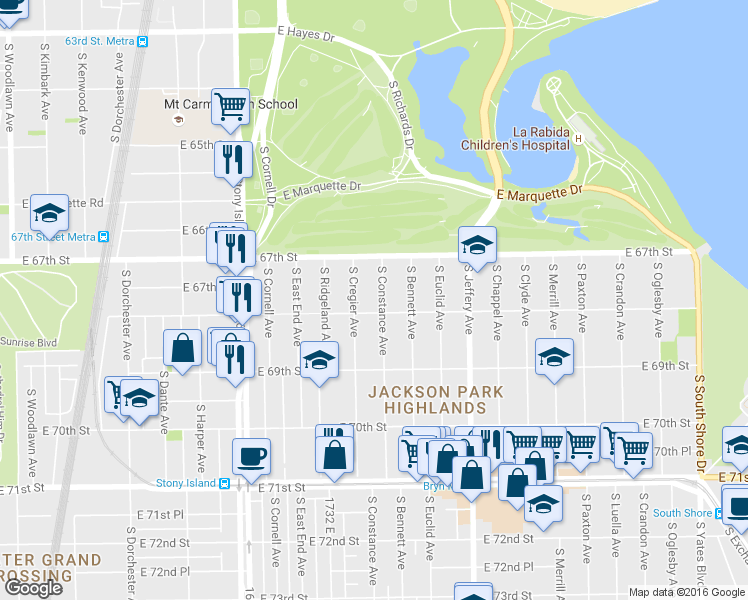 map of restaurants, bars, coffee shops, grocery stores, and more near 6748 South Constance Avenue in Chicago