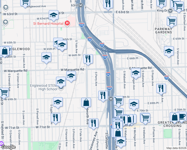 map of restaurants, bars, coffee shops, grocery stores, and more near 6724 South Perry Avenue in Chicago