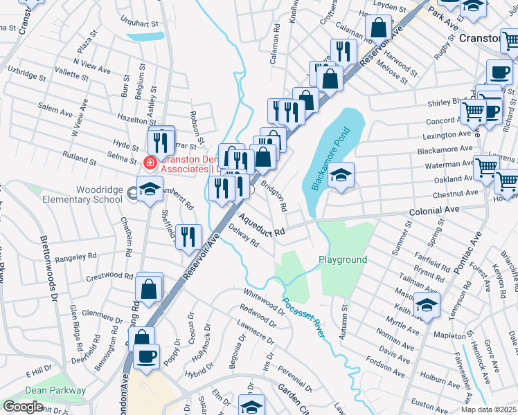 map of restaurants, bars, coffee shops, grocery stores, and more near 24 Crossway Road in Cranston