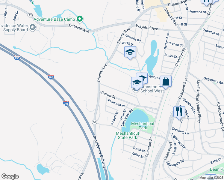 map of restaurants, bars, coffee shops, grocery stores, and more near 35 Metropolitan Avenue in Cranston
