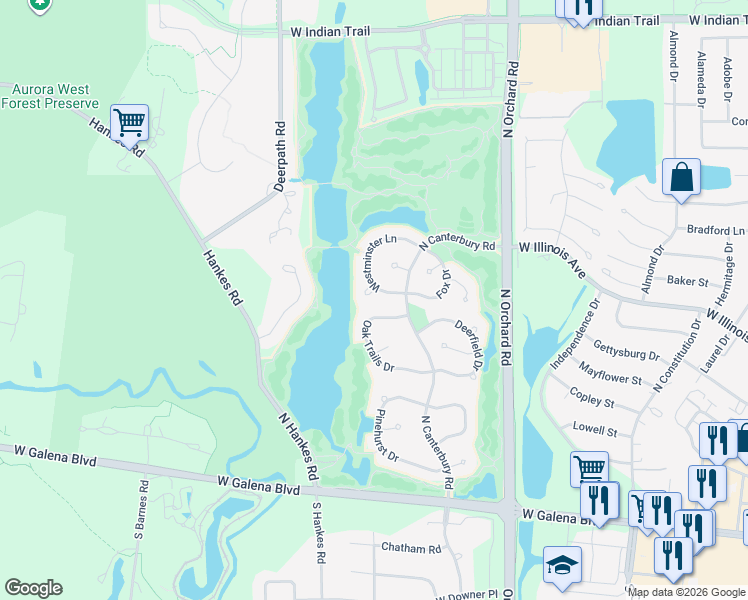 map of restaurants, bars, coffee shops, grocery stores, and more near 2516 Westminster Ln in Aurora