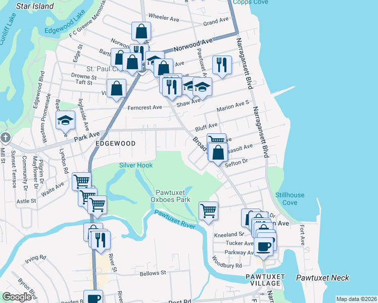 map of restaurants, bars, coffee shops, grocery stores, and more near 23 Alhambra Circle in Cranston