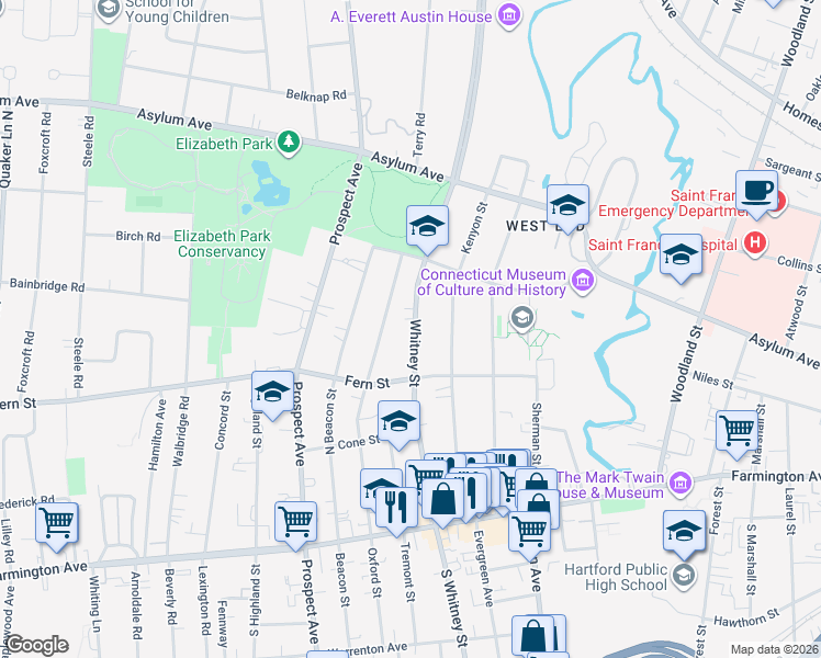 map of restaurants, bars, coffee shops, grocery stores, and more near 165 Whitney Street in Hartford
