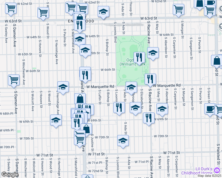 map of restaurants, bars, coffee shops, grocery stores, and more near 1419 West Marquette Road in Chicago