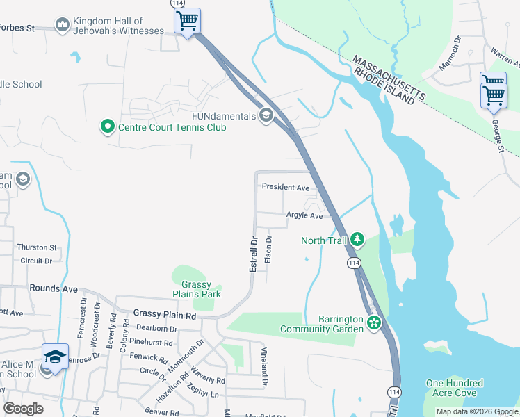 map of restaurants, bars, coffee shops, grocery stores, and more near 95 Argyle Avenue in East Providence