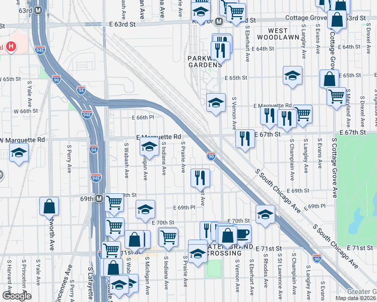 map of restaurants, bars, coffee shops, grocery stores, and more near 6731 South Prairie Avenue in Chicago