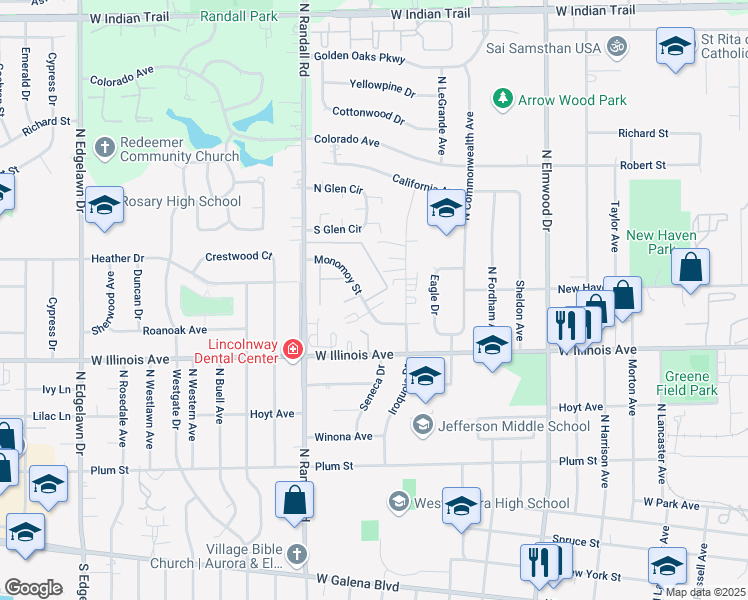 map of restaurants, bars, coffee shops, grocery stores, and more near 1307 Monomoy Street in Aurora