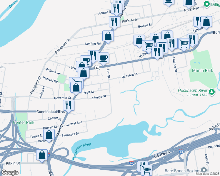 map of restaurants, bars, coffee shops, grocery stores, and more near 62 Elm Street in East Hartford