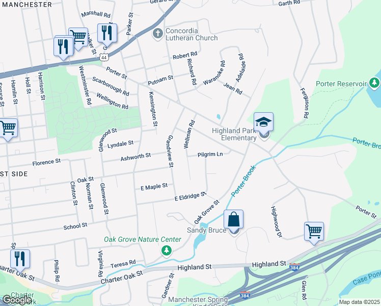 map of restaurants, bars, coffee shops, grocery stores, and more near 77 Pilgrim Lane in Manchester