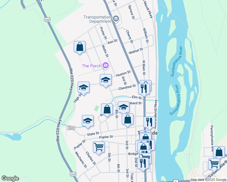 map of restaurants, bars, coffee shops, grocery stores, and more near 215 Chestnut Street in Towanda