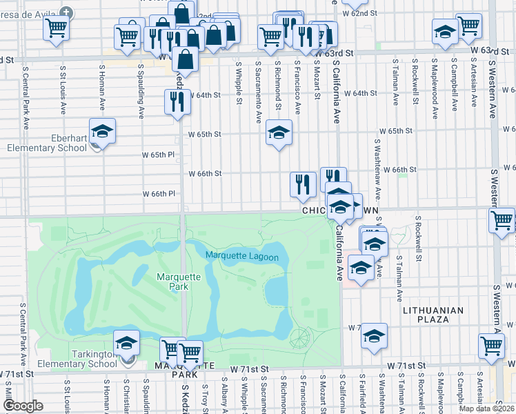 map of restaurants, bars, coffee shops, grocery stores, and more near 6654 South Sacramento Avenue in Chicago