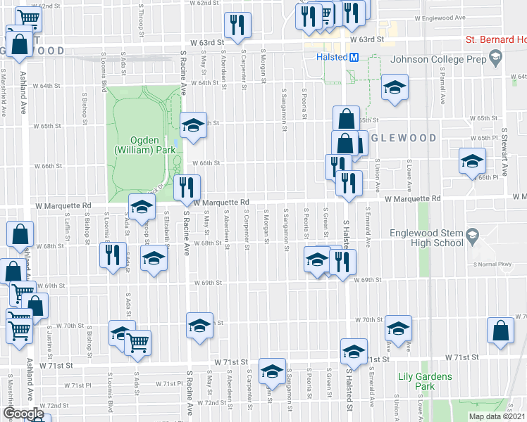 map of restaurants, bars, coffee shops, grocery stores, and more near 6702 South Morgan Street in Chicago