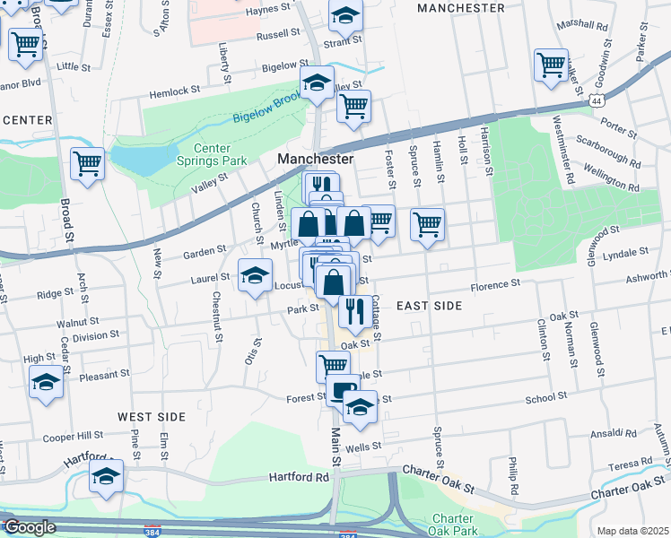 map of restaurants, bars, coffee shops, grocery stores, and more near 745 Main Street in Manchester