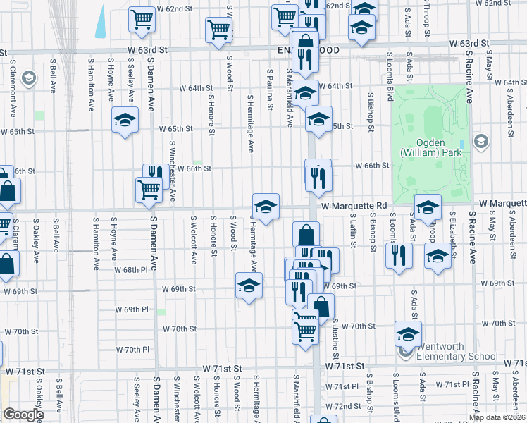 map of restaurants, bars, coffee shops, grocery stores, and more near 6711 South Hermitage Avenue in Chicago