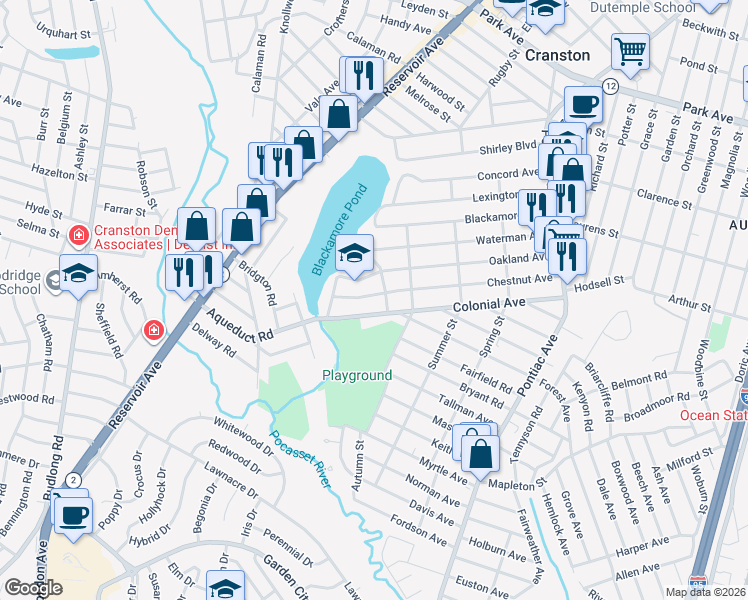 map of restaurants, bars, coffee shops, grocery stores, and more near 160 Chestnut Avenue in Cranston