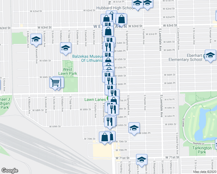 map of restaurants, bars, coffee shops, grocery stores, and more near 6640 South Pulaski Road in Chicago