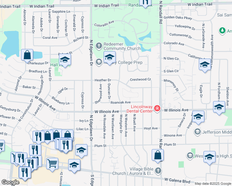 map of restaurants, bars, coffee shops, grocery stores, and more near 750 Westgate Drive in Aurora