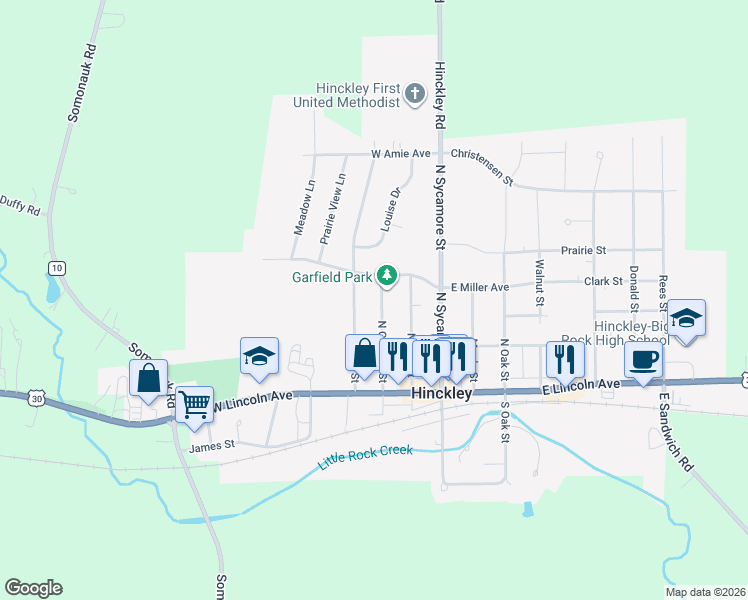 map of restaurants, bars, coffee shops, grocery stores, and more near 351 North Garfield Street in Hinckley