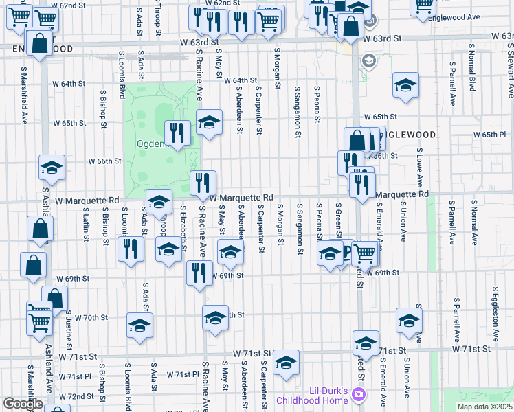 map of restaurants, bars, coffee shops, grocery stores, and more near 6710 South Carpenter Street in Chicago