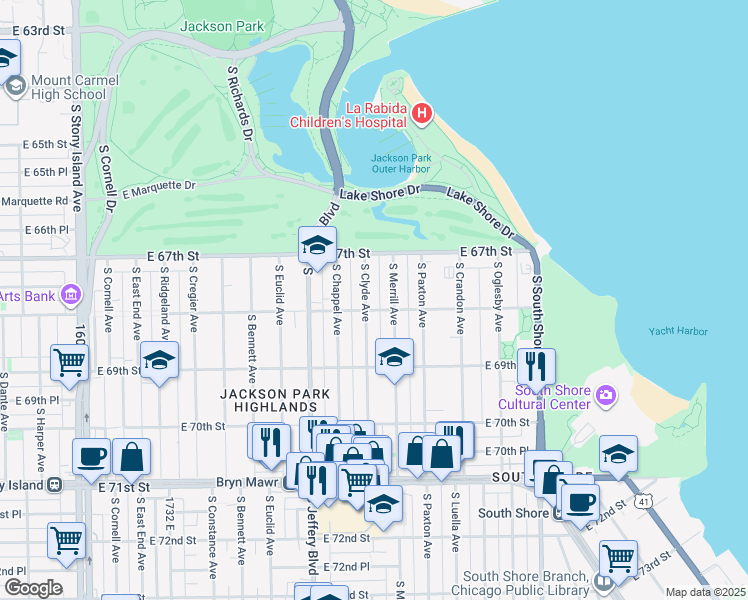 map of restaurants, bars, coffee shops, grocery stores, and more near 6752 South Merrill Avenue in Chicago